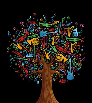 Abstract musical tree made with instruments shapes illustration. Vector file layered for easy manipulation and custom coloring.