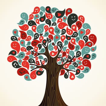 Abstract musical floral tree with icons. Vector illustration layered for easy manipulation and custom coloring.