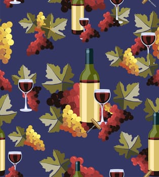 Wine Bottle and glass with grapes seamless pattern background. Vector illustration layered for easy manipulation and custom coloring.