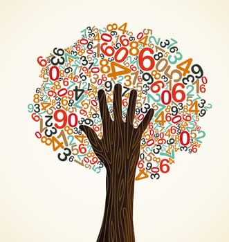 School education concept tree made with numbers and human hand. Vector file layered for easy manipulation and custom coloring.