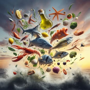 fish and seafood barbacue flying pieces of meat and veggies , splahing sauces, sunset golden light generative ai art