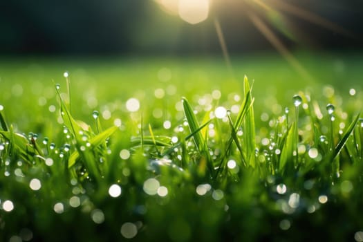 Lush green grass on a meadow with drops of water dew in the morning light in spring, summer outdoors. Close up, panorama.
