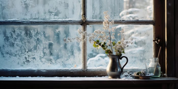 Winter season. Window with winter frost. Generative AI.