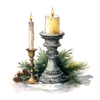 Watercolor Christmas candles. Holiday Candles Clipart, Cozy Winter Clipart. AI Generated.