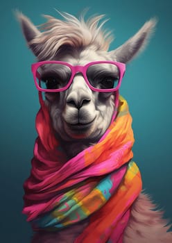 Cute stylish alpaca portrait of llama wearing glasses on blue background wearing glasses and scarf, fashion