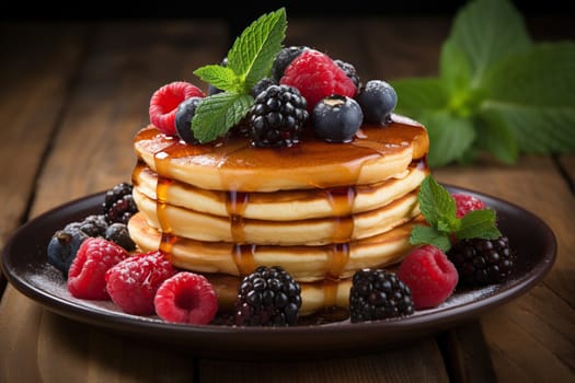 A stack of pancakes with maple syrup, berries and mint leaves on a wooden table. Desserts, breakfasts. Generated by artificial intelligence