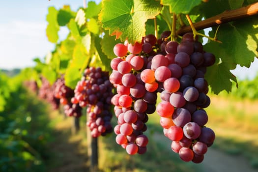 A branch of ripe grapes close-up. Vineyards at sunset.
