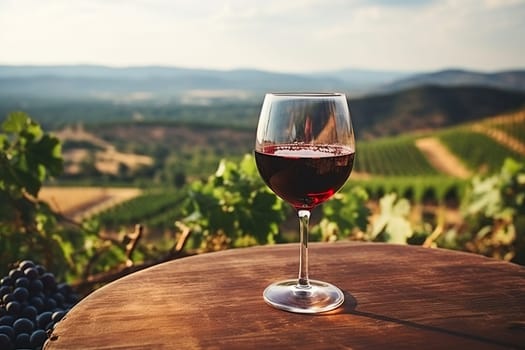 A glass of red wine on a wooden table against a backdrop of a panoramic view of lush vineyards at sunset. Tastings, celebrations and winemaking concept.