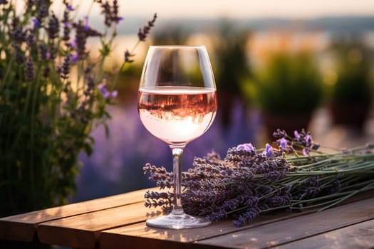 A glass of lavender wine on a wooden table in nature in the rays of sunset. Beautiful still life with a lavender bouquet and a glass of wine.
