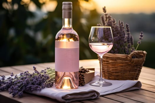 Lavender wine, one glass and a bouquet of lavender on wooden table against the backdrop of nature in the rays of sunset. Romance.