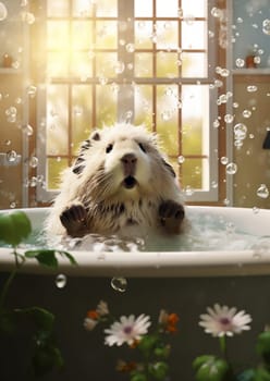 Dog hygiene bathroom fun soap brown bathing bathtub canine puppy shampoo shower water pet care grooming cute clean funny animal white wet