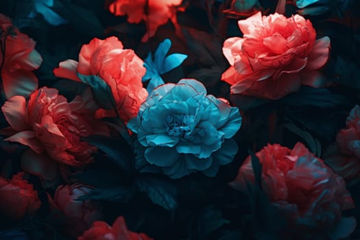 leaf colours flora plant trendy bright colourful design bloom background flower blossom pattern nature spring high-coloured peony floral summer neon. Generative AI.