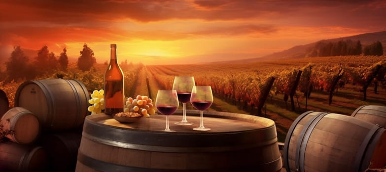 drink agriculture winery vine green romance grapevine alcohol sunset wine glass outside harvest red vineyard barrel grape beverage life bottle. Generative AI.