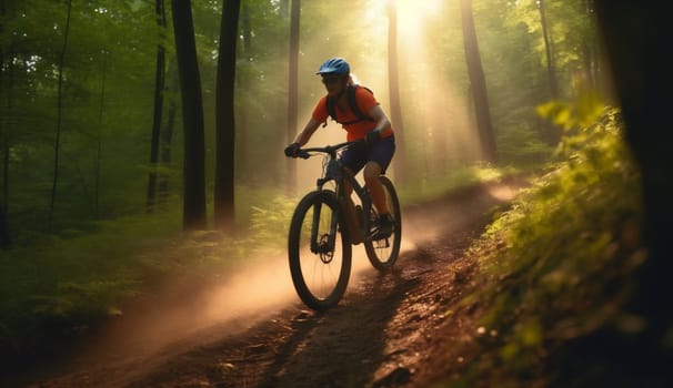 mountain woman cycling dark bicyclist bike tree landscape summer lifestyle sport fitness travel outdoors healthy sunset riding forest bicycle walking girl. Generative AI.
