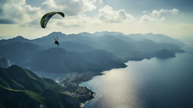 Mountains sports adventure extreme freedom lake outdoors blue parachute nature summer flying air sky water paragliding active landscape travel person