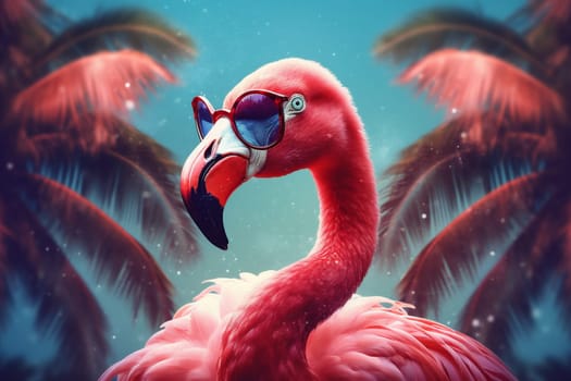 pink summer flamingo animal hipster feather water bird party tropic colourful sunglasses glasses beach travel exotic tropical sun resort paradise. Generative AI.
