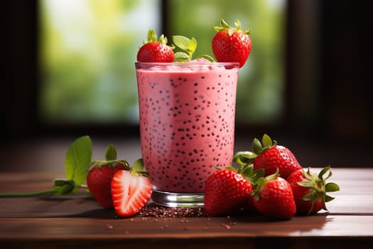A glass of fresh strawberry milkshake, strawberry smoothie with chia seeds. Healthy food and drink concept.