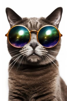 Gray cat in green large round sunglasses, on white background. Close up. Vertical