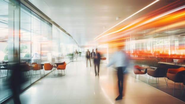 Business people rushing in office lobby with motion blur