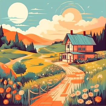 A picturesque countryside landscape paint, where a rustic cottage sits against a radiant, colored sky - AI generative