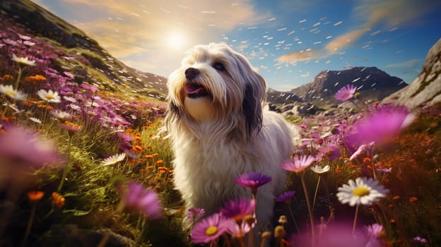 Lively dog in nature settings, full of flowers and glowing sunlight - AI generative
