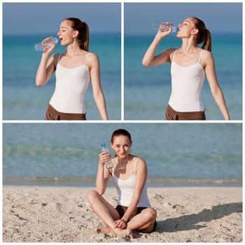 Young woman girl drinking refreshing water from a bottle on the beach by the sea in summer vacation