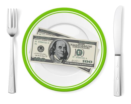 Banknotes on a plate. Illustration on white