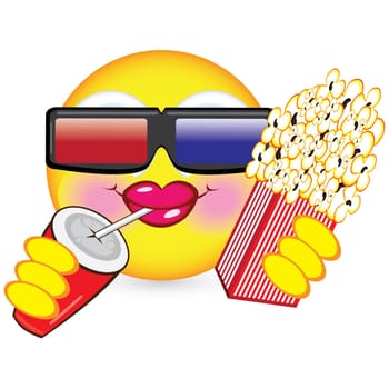 Cheerful smiley eating popcorn. Illustration for design on white background