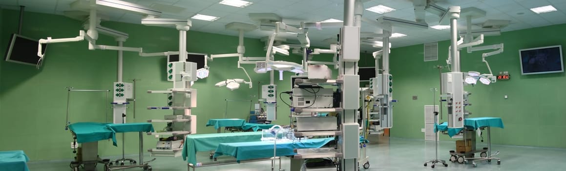 Overview of operating room fully equipped modern for minimally invasive surgery