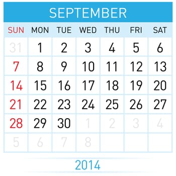 September Twenty-Fourteen. Calendar Month. Illustration on white background