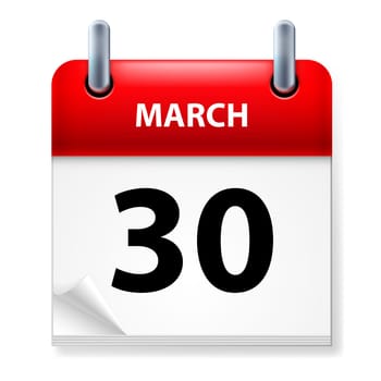 Thirtieth March in Calendar icon on white background