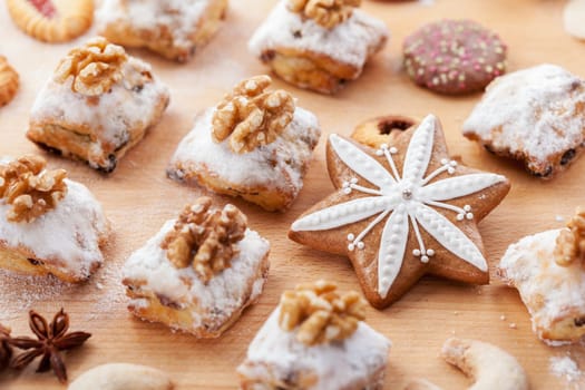 Assortment of Christmas cookies on the wooden board