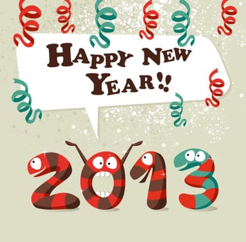 Funny cartoon snake celebrating the beginning of 2013 new year background. Vector illustration layered for easy manipulation and custom coloring.