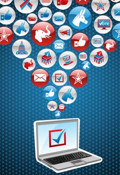 USA elections online voting: notebook with politics icons splash background. Vector file layered for easy manipulation and custom coloring.