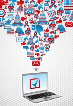 USA elections online voting: notebook with politics icons splash over white stars background. Vector file layered for easy manipulation and custom coloring.