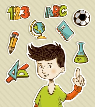 Back to School cartoon kid showing hand drawn icons set. Vector illustration layered for easy manipulation and custom coloring.