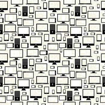 Black gadgets icons seamless pattern over social media background. Vector illustration layered for easy manipulation and custom coloring.