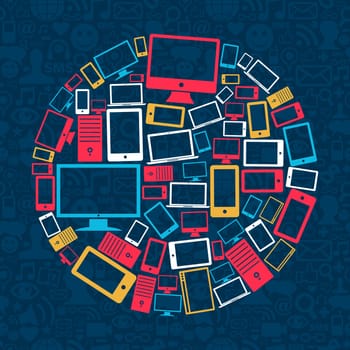 Gadgets icons circle shape over social media pattern background. Vector illustration layered for easy manipulation and custom coloring.