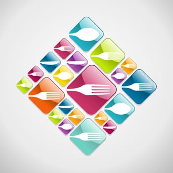 Multicolored restaurant web glossy icons background for food industry. Vector illustration layered for easy manipulation and custom coloring