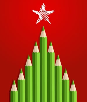 Green Christmas tree pencils greeting card. Vector illustration layered for easy manipulation and custom coloring