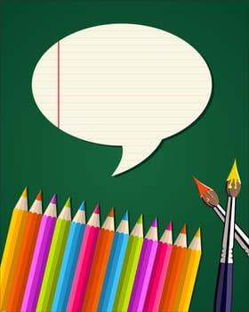 Colorful pencils and paint brushes back to school background. Vector illustration layered for easy manipulation and custom coloring.