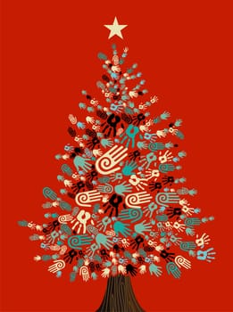 Diversity Christmas Tree hands background for greeting card. Vector illustration layered for easy manipulation and custom coloring.