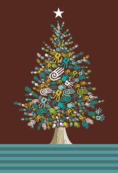Diversity Christmas Tree hands background for greeting card. Vector illustration layered for easy manipulation and custom coloring.