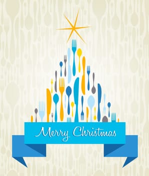 Cutlery Christmas Tree greeting card. Fork, spoon and knife in season pine shape with ribbon. Vector illustration layered for easy manipulation and custom coloring.