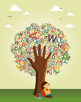 Back to school concept tree. Learn to read collaborative education. Vector file layered for easy manipulation and custom coloring.