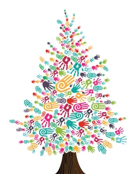 Diversity Christmas Tree hands isolated for greeting card. Vector illustration layered for easy manipulation and custom coloring.