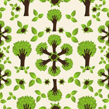 Environmental conservation hand tree forest seamless pattern. Vector illustration layered for easy manipulation and custom coloring.