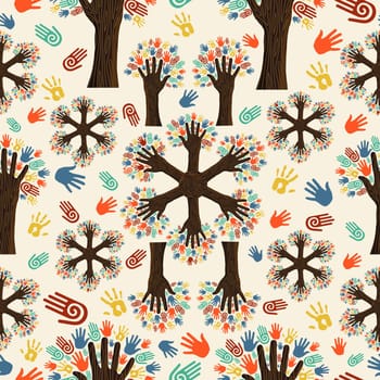 Diversity tree hands seamless pattern. Vector illustration layered for easy manipulation and custom coloring.