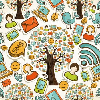 Hand drawn social network icons tree in seamless pattern background. Vector illustration layered for easy manipulation and custom coloring.