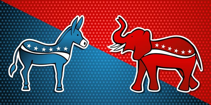 USA elections Democratic vs Republican party in sketch style over stars background. Vector file layered for easy manipulation and custom coloring.